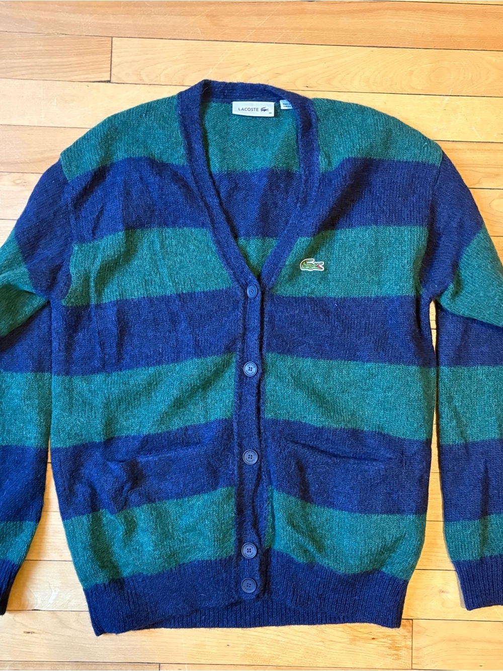 Lacoste Wool Blend Green and Blue Wide-Stripe V-Neck Cardigan